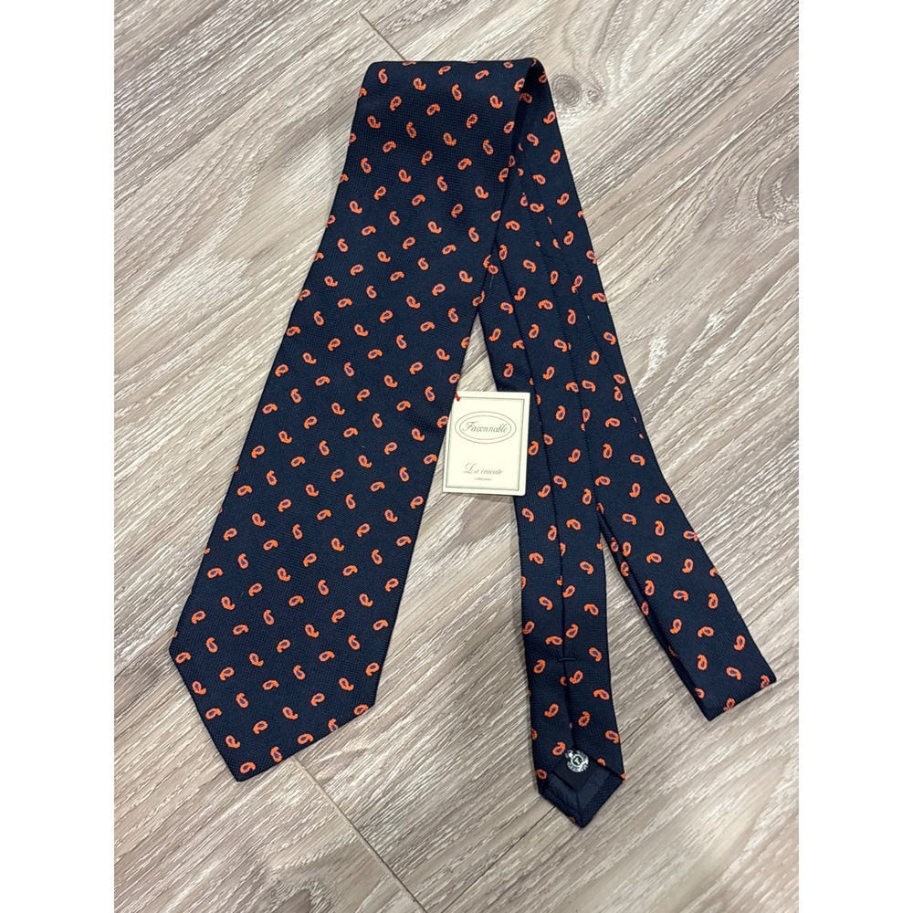 Faconnable Navy Blue Orange Paisley Silk Tie Made in France 1125 0272434